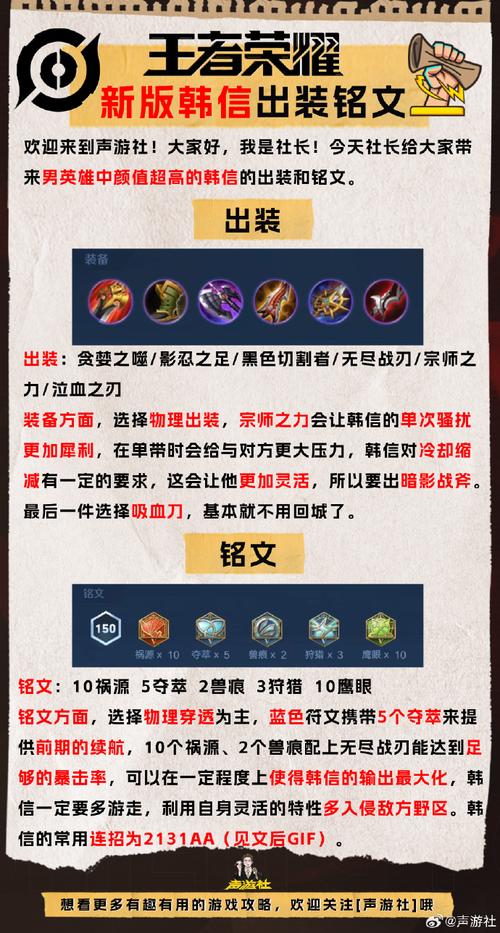 王者荣耀韩信六神装出装顺序-S29韩信最强六神装铭文推荐