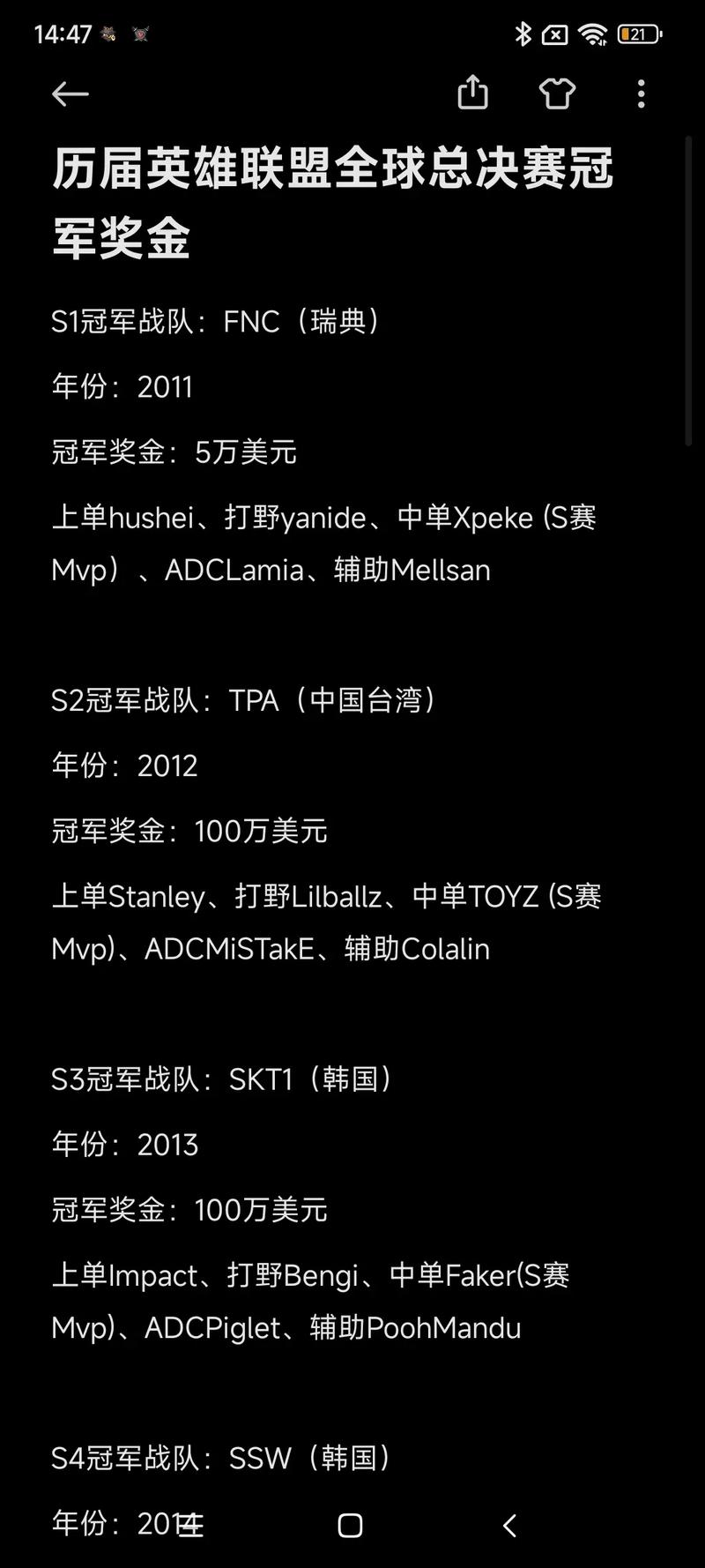 历年英雄联盟全球总决赛冠军和mvp
