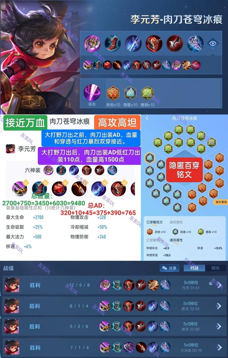 《王者荣耀》国服第一李元芳铭文和出装是怎么样的?